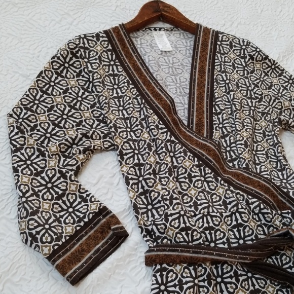 Faux Wrap Tan Brown White Tribal Print Dress - Picture 7 of 8